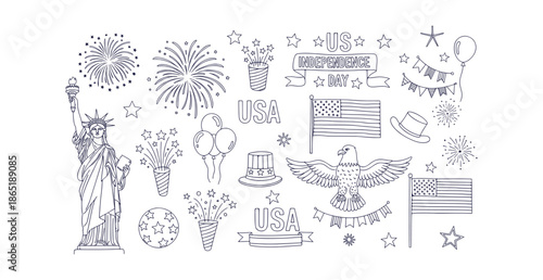 American Fourth of July Doodle Icons Set Statue Liberty Patriotic Symbols Outline Vector