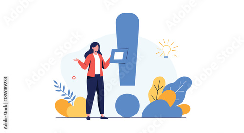 Woman standing next to a giant blue exclamation mark with a lightbulb icon and decorative plants for creative problem solving.