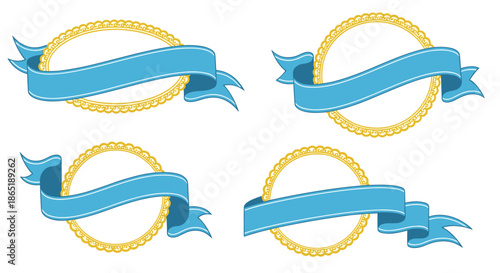 Set of four elegant gold circular and oval frames decorated with blue flowing ribbons isolated on a white background for awards.