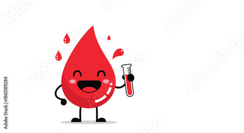 Cute cartoon character of a happy red blood drop holding a glass test tube with blood for medical and blood donation projects.