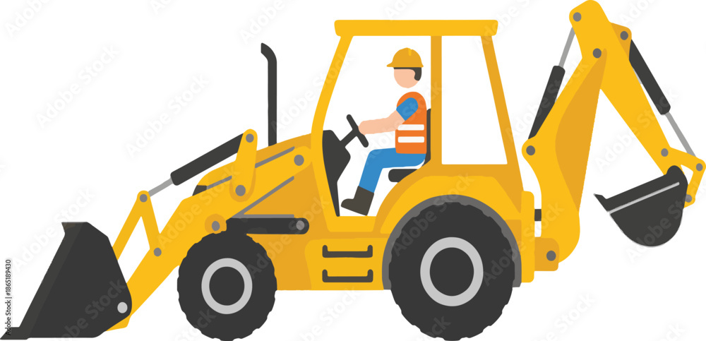 Fotografi backhoe loader featuring a construction worker operator in the cabin