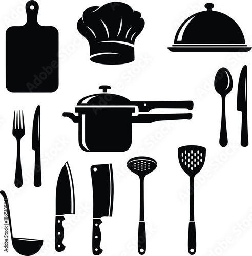 Assorted kitchen utensils and cooking essentials silhouetted against a white background