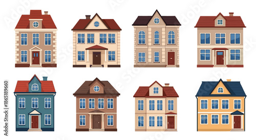 Collection of eight diverse residential houses and apartment buildings with different architectural styles and vibrant colors.