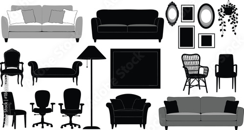 Home furniture collection with sofas chairs lamps frames and decor elements, modern interior design set isolated on white background illustration