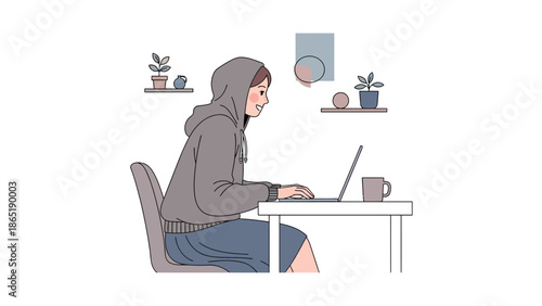Young woman working on laptop at desk, modern illustration, home office concept