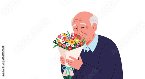 Sweet illustration of an elderly bald man with a gentle smile closing his eyes while smelling a beautiful colorful bouquet of flowers.