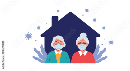 Two senior women wearing blue protective face masks standing in front of a house silhouette surrounded by floating virus particles.
