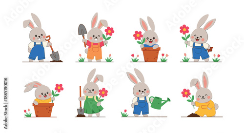 Adorable collection of bunny characters performing various gardening tasks like digging, watering, and planting flowers in small pots.