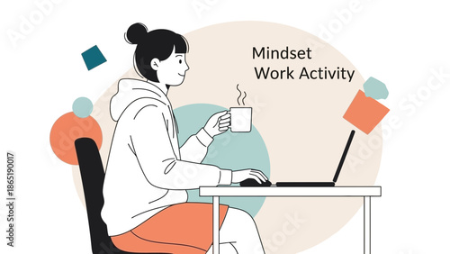 Young Woman Working on Laptop with Coffee at Desk, Mindset Work Activity