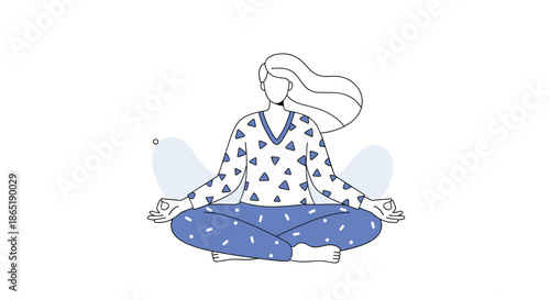 Minimalist blue and white line drawing of a woman in a patterned top sitting in a lotus position and meditating for mental wellness.