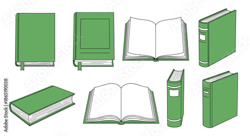 Comprehensive set of green covered books shown in various angles and states including open, closed, stacked, and standing upright.