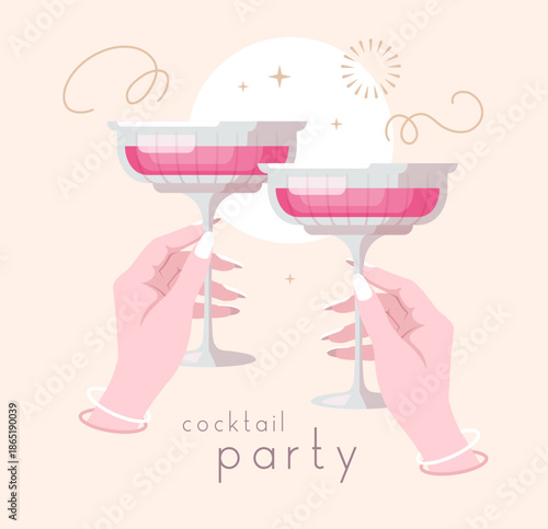 Hands with cocktails and firework. Cocktail party. Celebration toast with two cocktail glasses. Flat design. Vector illustration