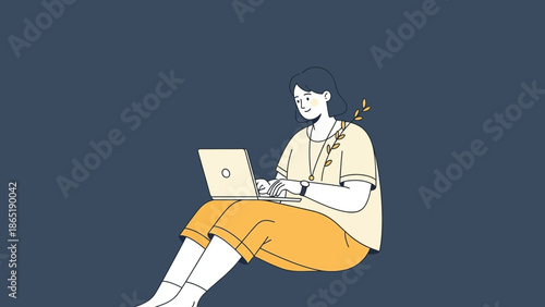 Young woman working on laptop, relaxed pose, flat design illustration with copy space