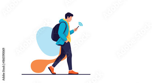Man with a black backpack walking and using a smartphone with a wireless signal icon floating above in a modern flat illustration.