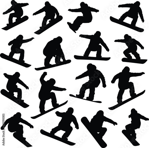 Multiple snowboarders in various dynamic poses on a white background