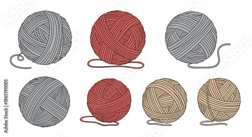 Detailed set of yarn balls in various colors like grey, red, and beige used for knitting, crocheting, and other textile handicraft projects.