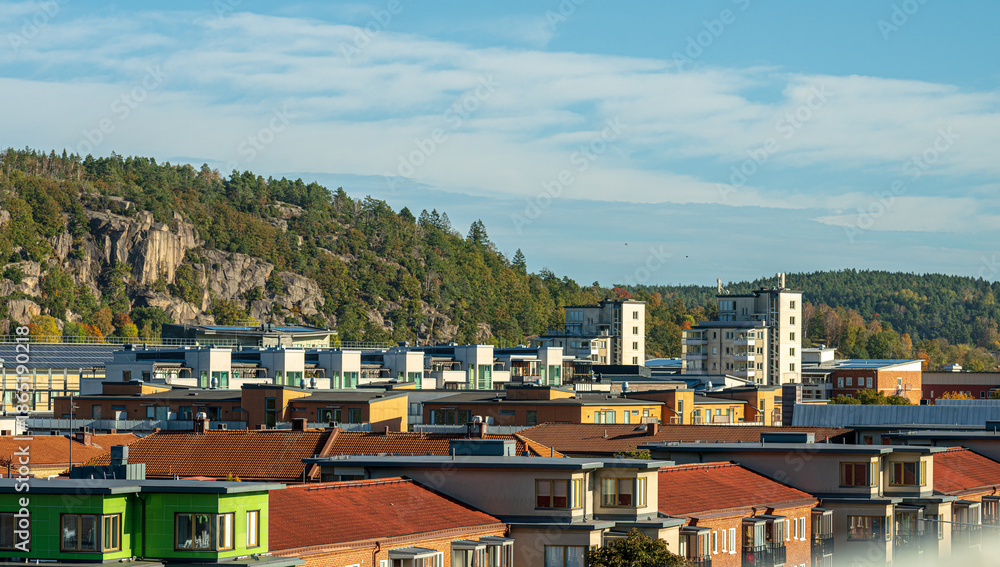 Fototapeta premium Scenic view of modern urban rooftops with forested hills in background.