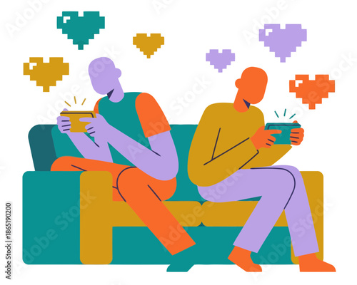 Couple sitting on sofa playing video games with floating pixel hearts.