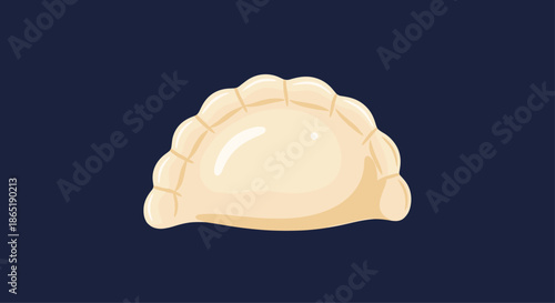 Detailed illustration of a single traditional cooked dumpling with a crimped edge presented on a plain deep navy blue background.