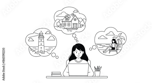 Black and white line drawing of a woman working on a laptop while dreaming about a new house, a lighthouse, and a relaxing beach vacation.
