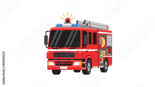 Front view of a classic red fire truck with an emergency ladder, flashing lights, and essential rescue equipment, ready for action.