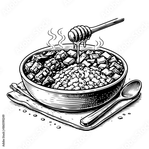 Engraved illustration of hot breakfast porridge bowl drizzled with honey and steam