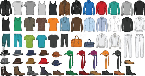 Men fashion clothing collection with shirts pants jackets shoes hats and accessories, casual and formal wardrobe set isolated on white background illustration