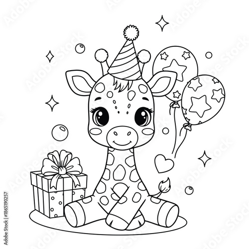 A cartoon giraffe wearing a party hat and holding balloons sits beside a gift box surrounded by stars and hearts