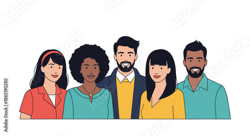 Group of diverse men and women of different ethnicities standing together with smiles representing unity and multicultural community.