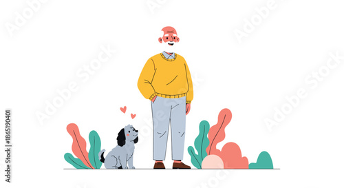Elderly man with a white beard stands in a colorful garden setting while his loyal small dog looks up at him with love and affection.