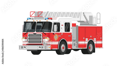 Detailed front-side view of a modern red and white fire truck, equipped with an extendable ladder, emergency sirens, and rescue apparatus.