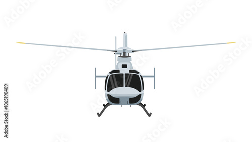 Minimalist front view illustration of a sleek grey helicopter, featuring prominent rotor blades and clear cockpit windows.