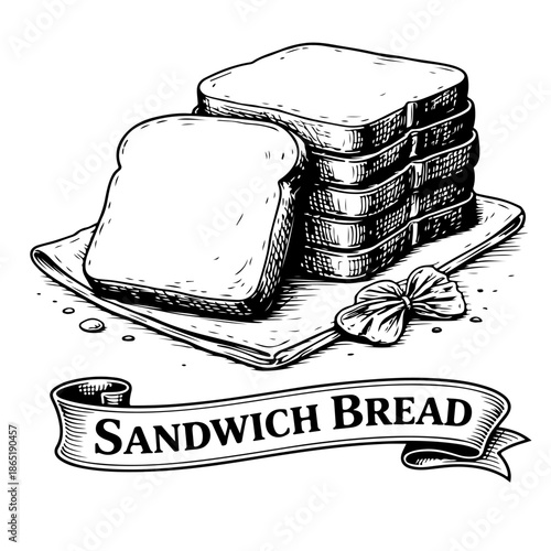 Vintage Engraving of Stacked Sliced Sandwich Bread with Decorative Ribbon Banner.