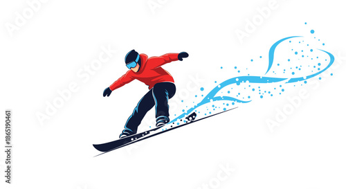Skilled snowboarder in a bright red jacket performs an impressive jump while leaving a dynamic trail of blue snow particles in his wake.