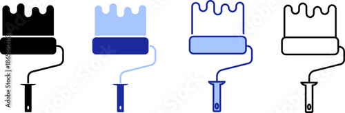 Icon design showing paint rollers in different colors and styles representing painting tools used in home improvement tasks