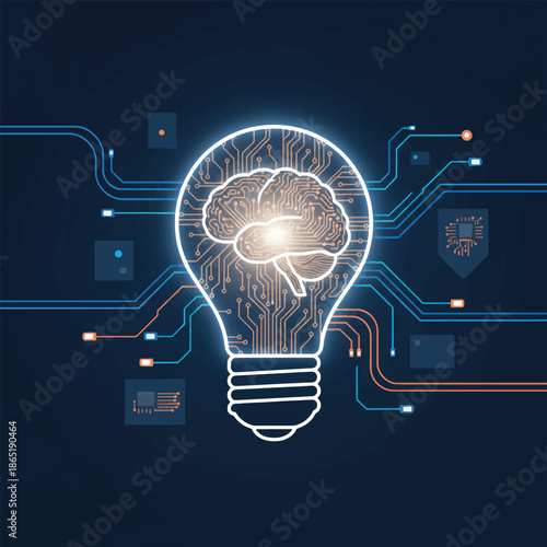 Artificial intelligence brain inside light bulb on digital circuit board background