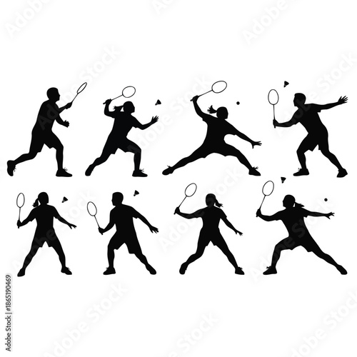 Dynamic silhouettes of tennis players in action on a court, captured from various viewpoints