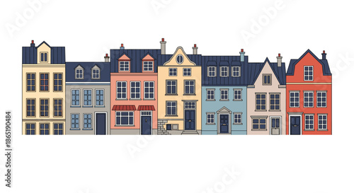 Detailed row of traditional European townhouses displays colorful facades with various architectural styles and gabled roofs in a flat design.