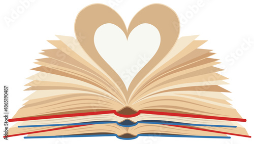 Stack of open books with pages fanning into a heart shape.