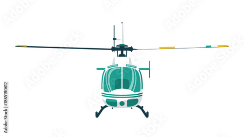 Clean front view illustration of a stylish white and teal helicopter, showcasing its prominent rotor blades and clear cockpit.