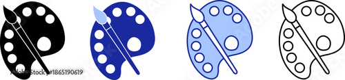 Different color versions of an art palette icon with paintbrush showing design variations for creative projects and artistic works