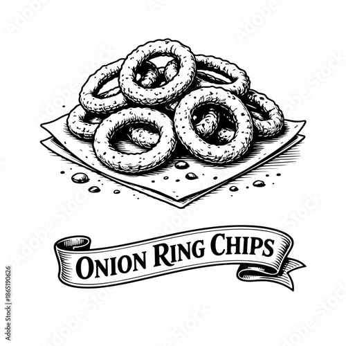 Vintage Engraving Style Onion Ring Chips Sketch with Ribbon Banner