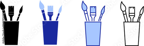 Colors and shapes of tools in containers for art and design shown in various styles