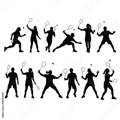 Tennis players in various action poses holding rackets on a white background