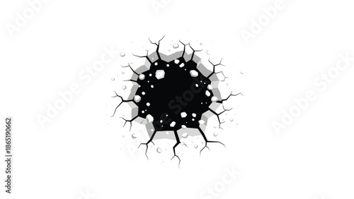 Dramatic black hole with sharp, jagged cracks spreading outwards across a white surface, depicting impact or structural damage.