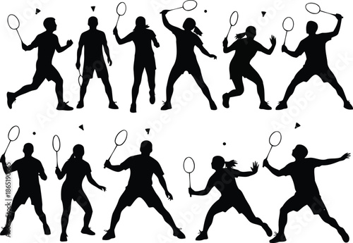 Tennis players in action on the court, silhouetted against a white background, showcasing various strokes and movements