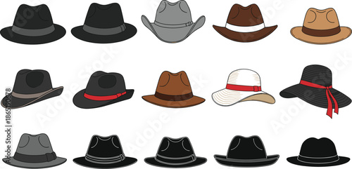 Men fashion hats collection illustration, fedora, cowboy, straw, classic headwear set, stylish accessories vector design for modern apparel branding use