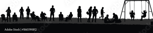 People silhouettes relaxing in public park with families children and swings, outdoor leisure lifestyle scene isolated on white background illustration