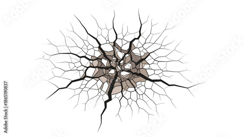 Intricate pattern of concentric cracks radiating from a central impact point across a white surface, showcasing fragmentation and damage.