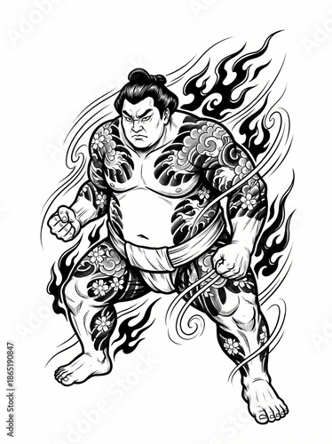 Wallpaper Mural A detailed illustration of a sumo wrestler, inked with tattoos, in a fighting stance. Torontodigital.ca